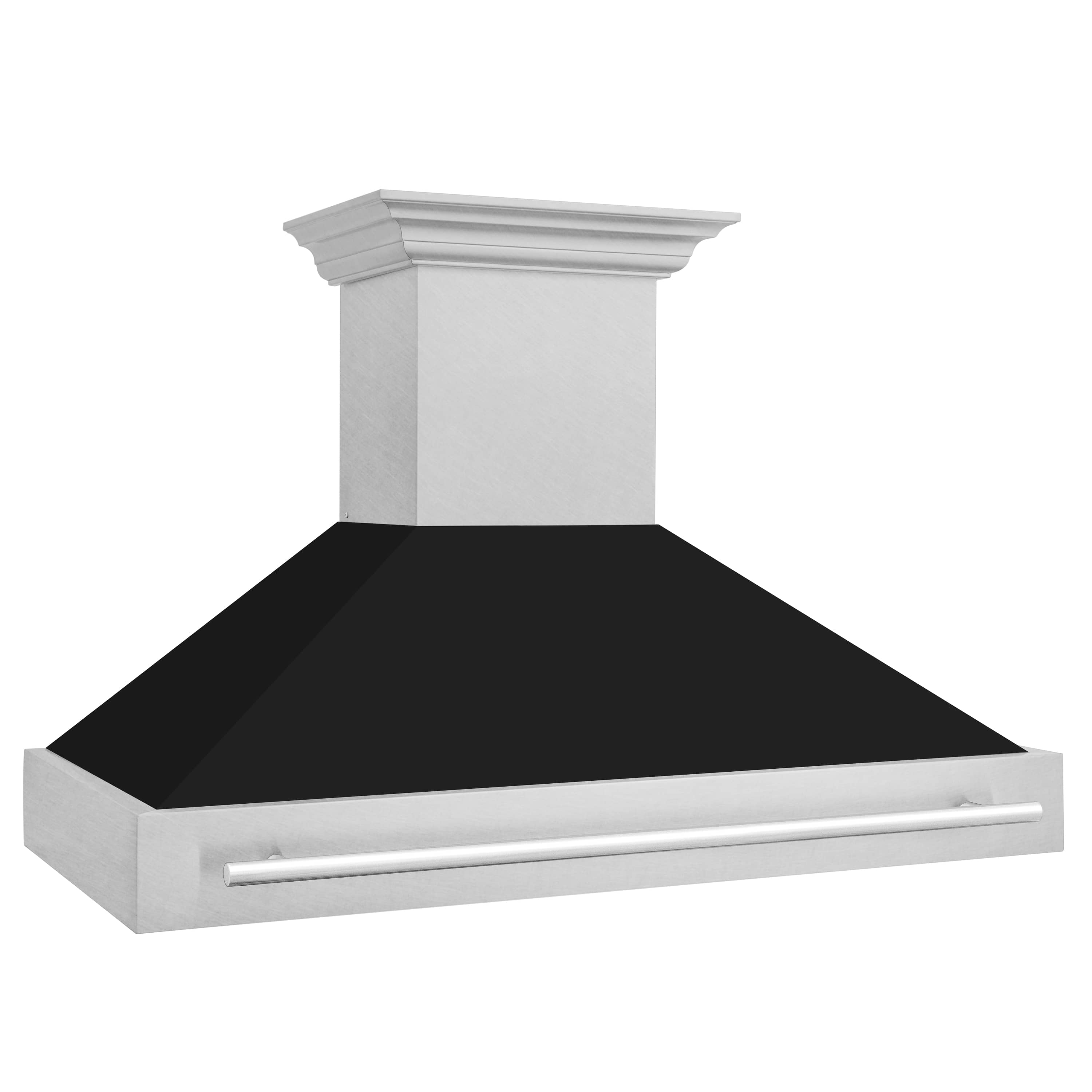 Wall-mount range hood with satin stainless chimney and black baffle, front bar handle.