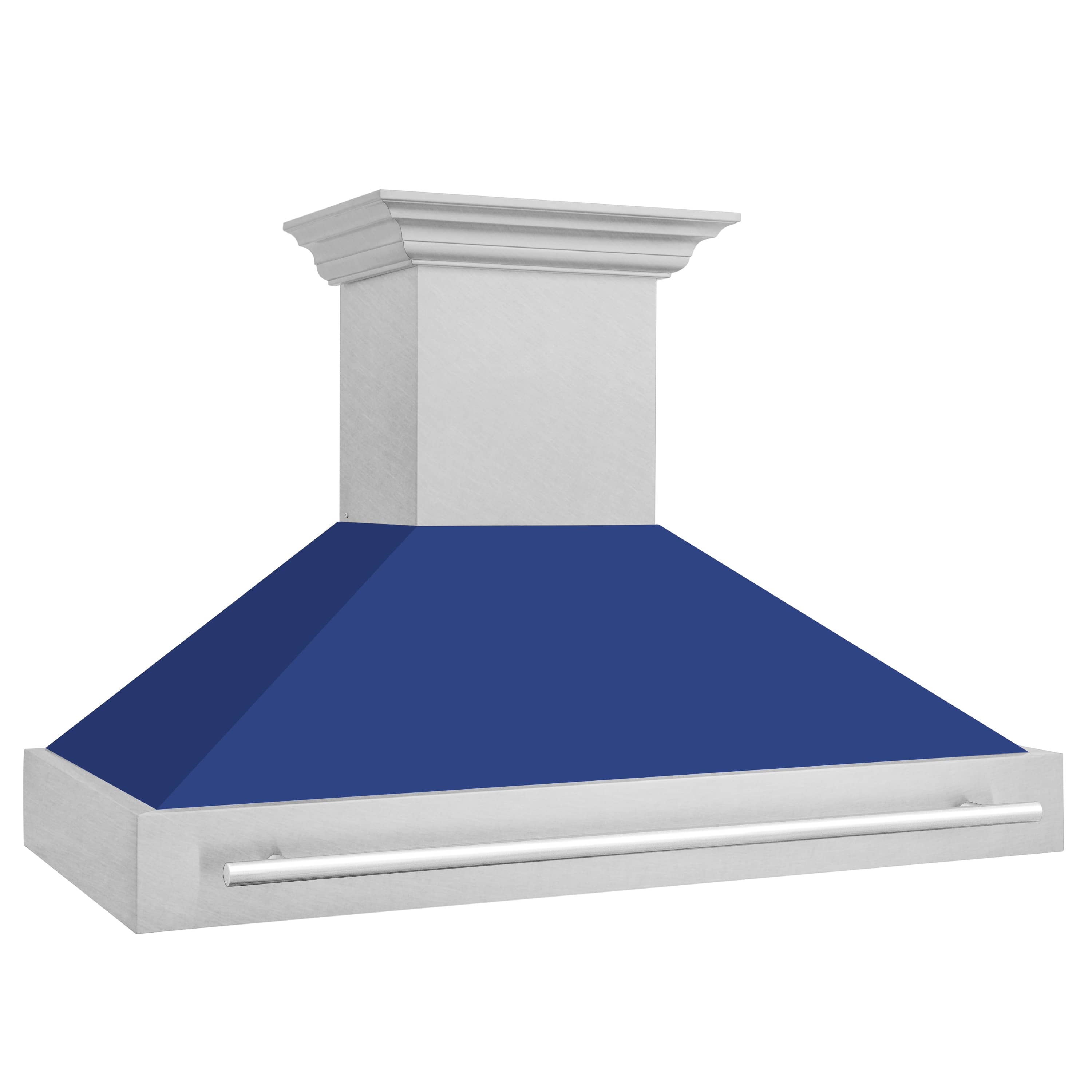 Wall-mount range hood front view: blue matte shell and satin stainless steel chimney