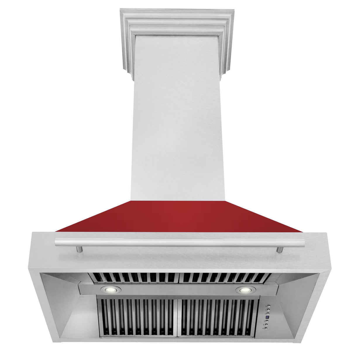 Wall mount range hood underside with red baffle, satin panel, lights, and vents.