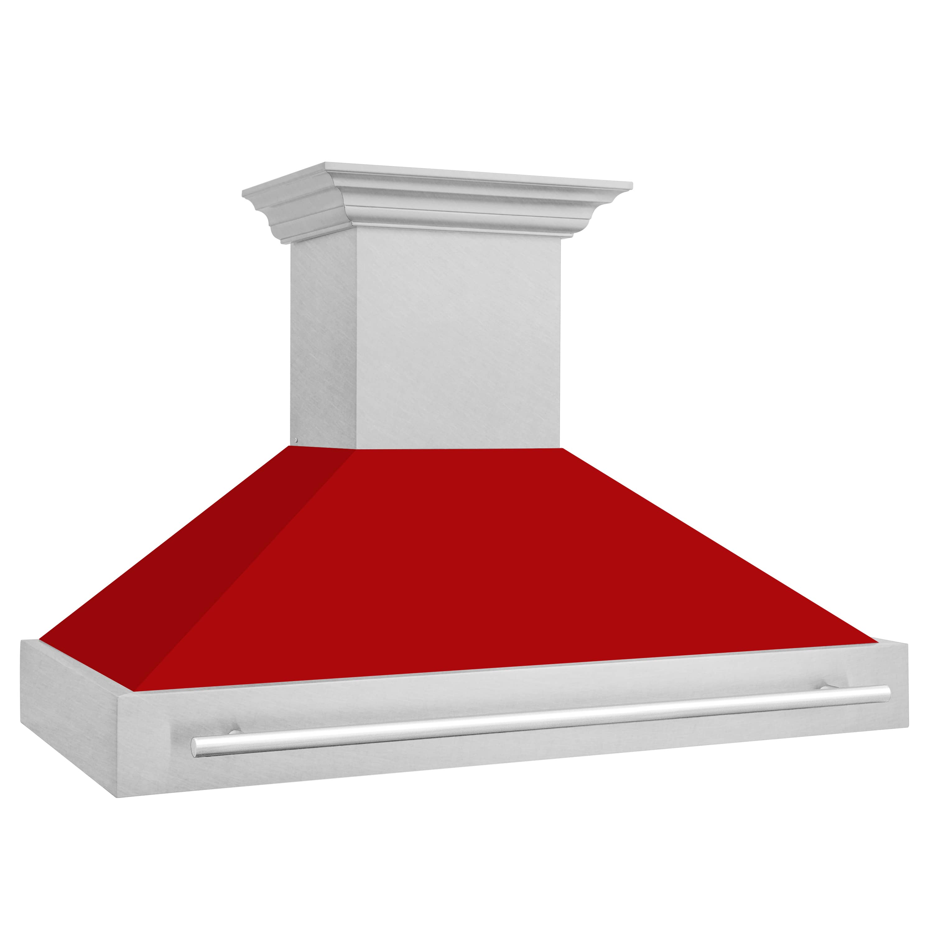 Wall mount range hood with red matte canopy and satin stainless side panels