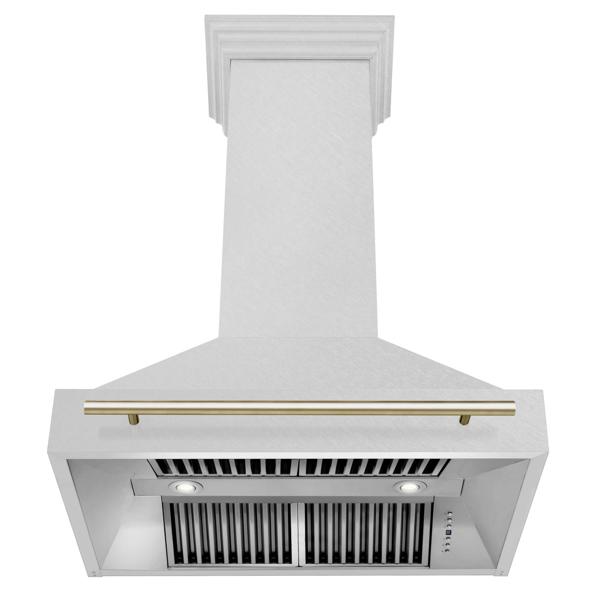 Wall mount range hood front panel with satin finish, gold bar handle, and vent grilles