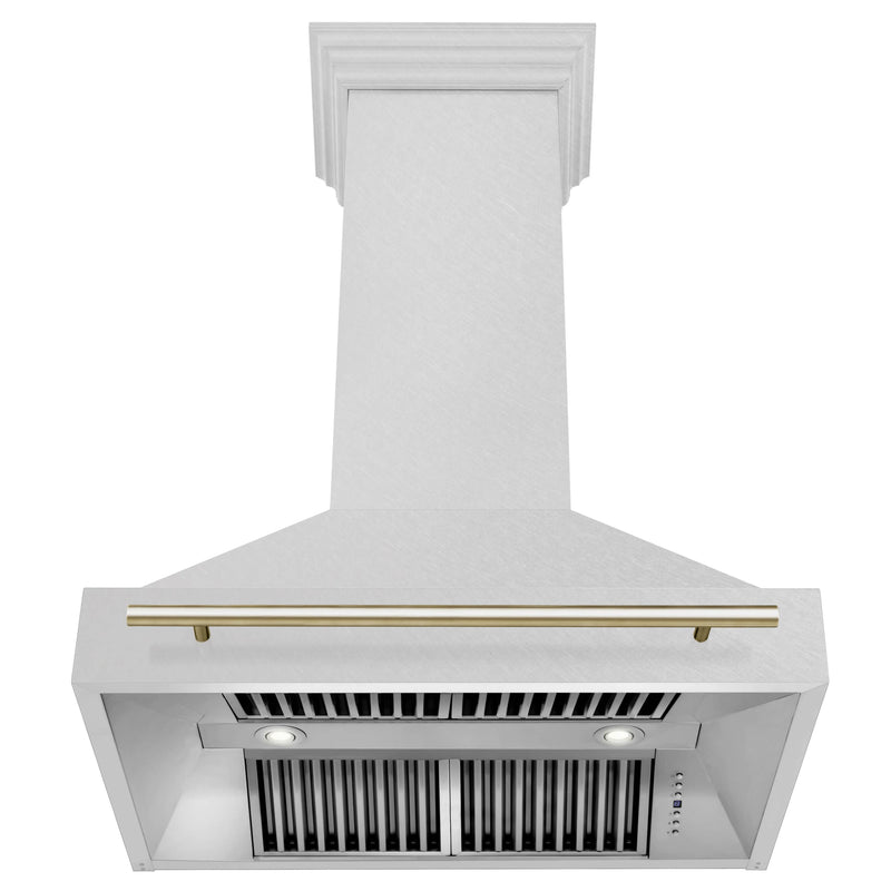 ZLINE 36-Inch Autograph Edition Wall Mount Range Hood in DuraSnow Stainless Steel with Gold Handle (8654SNZ-36-G)