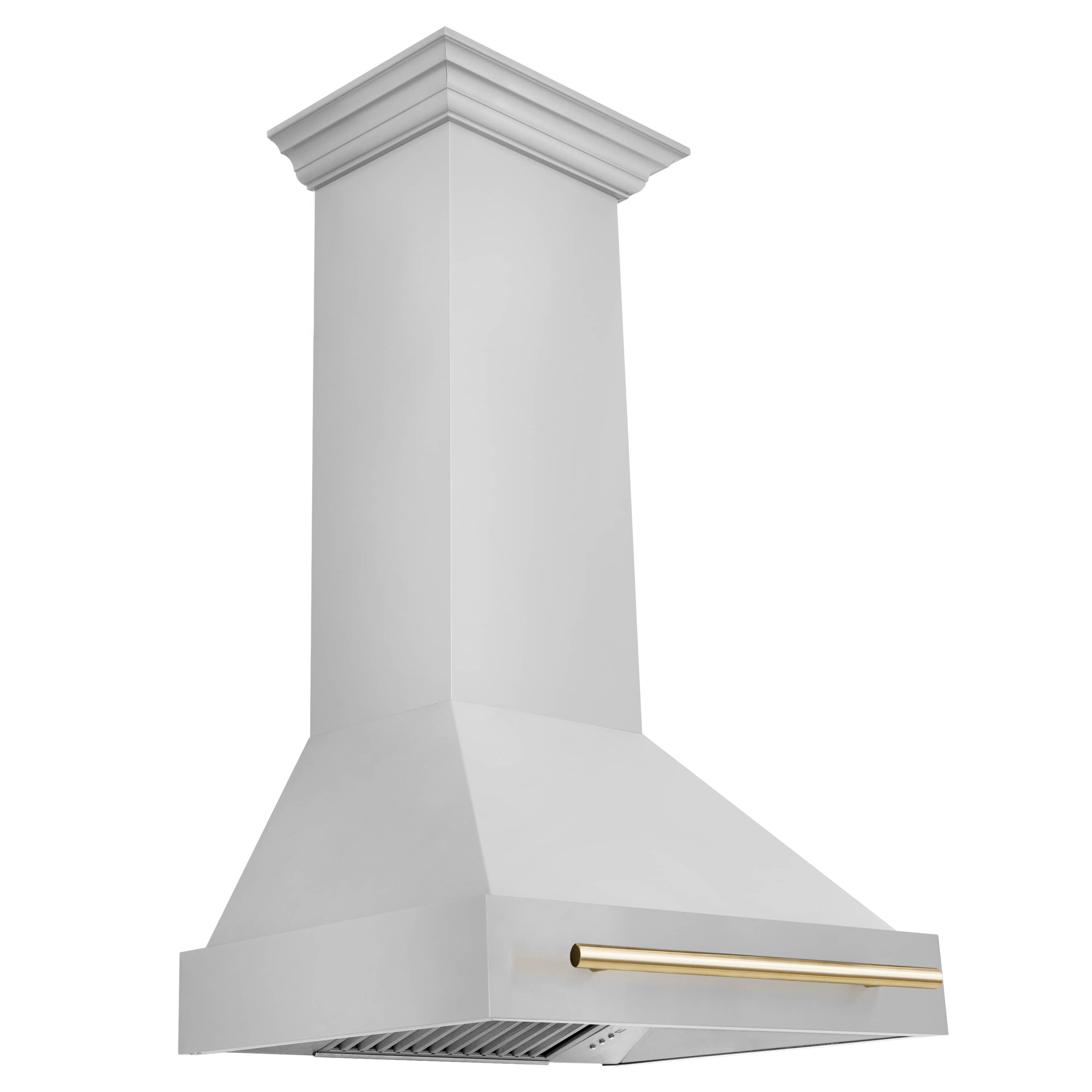 Stainless steel wall-mount range hood with gold handle bar and slanted canopy.