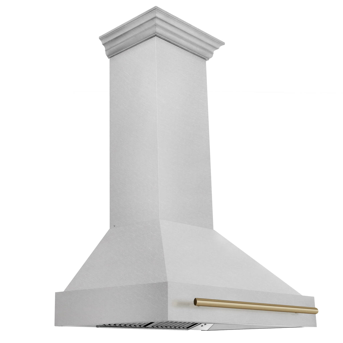 Satin stainless wall mount range hood with bronze handle and sloped canopy