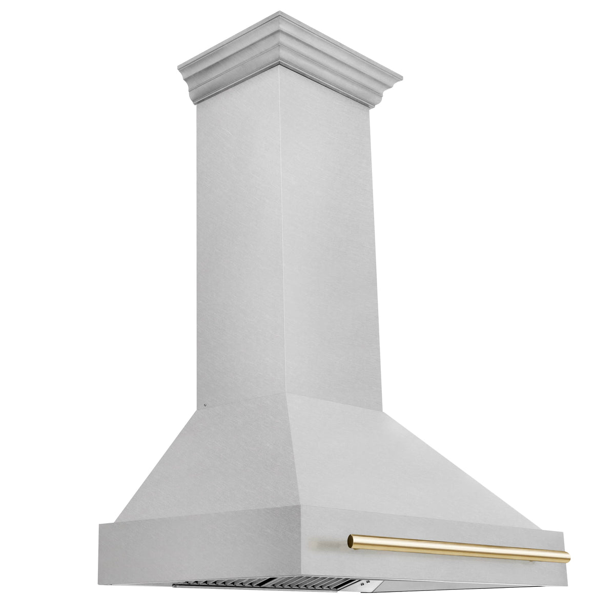Satin stainless steel chimney wall range hood with gold bar handle and flared canopy