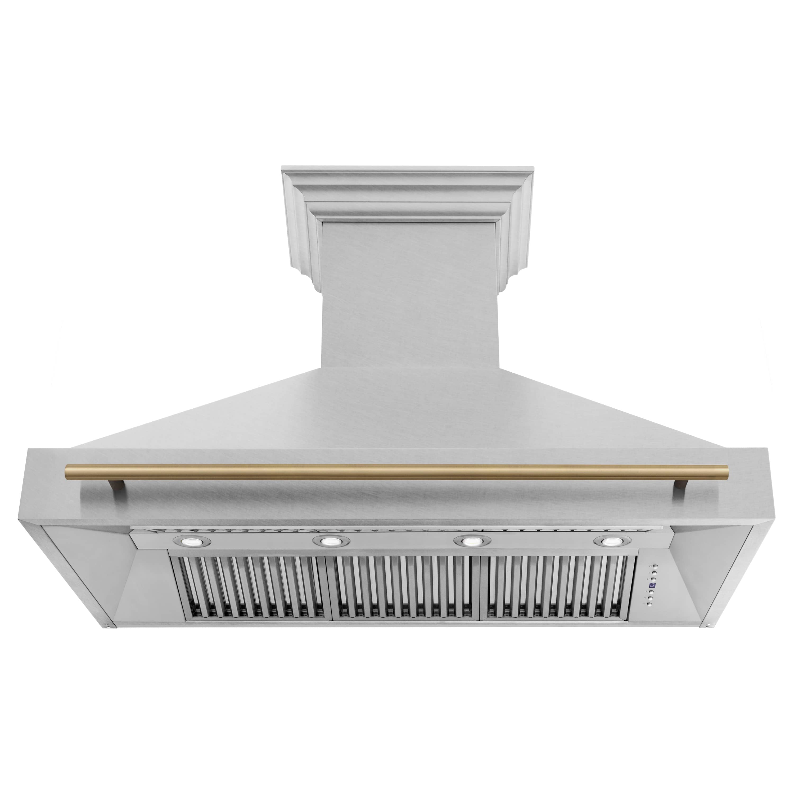 Wall-mounted stainless range hood with bronze trim and vent grille