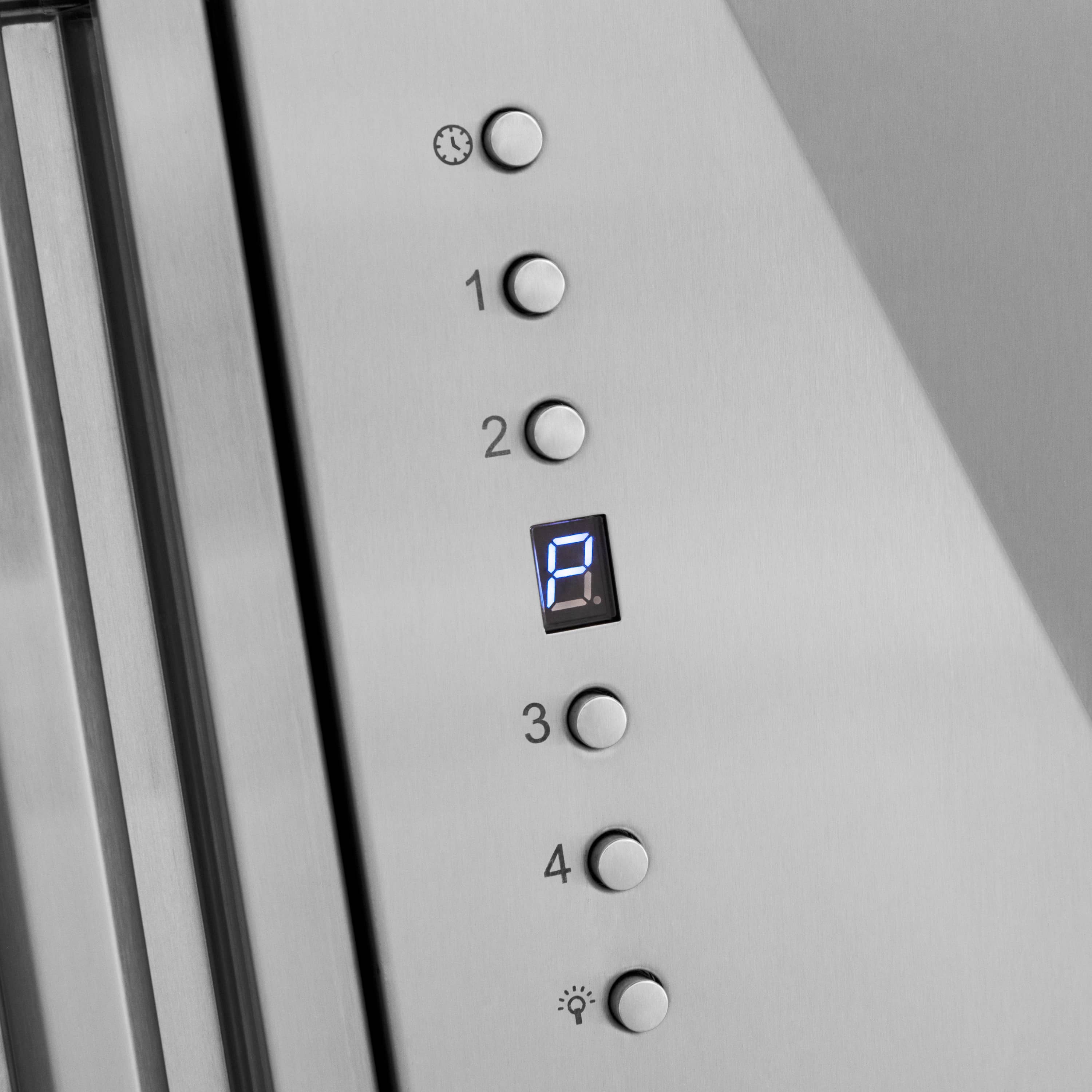 Stainless steel range hood control panel with round buttons and blue digital display