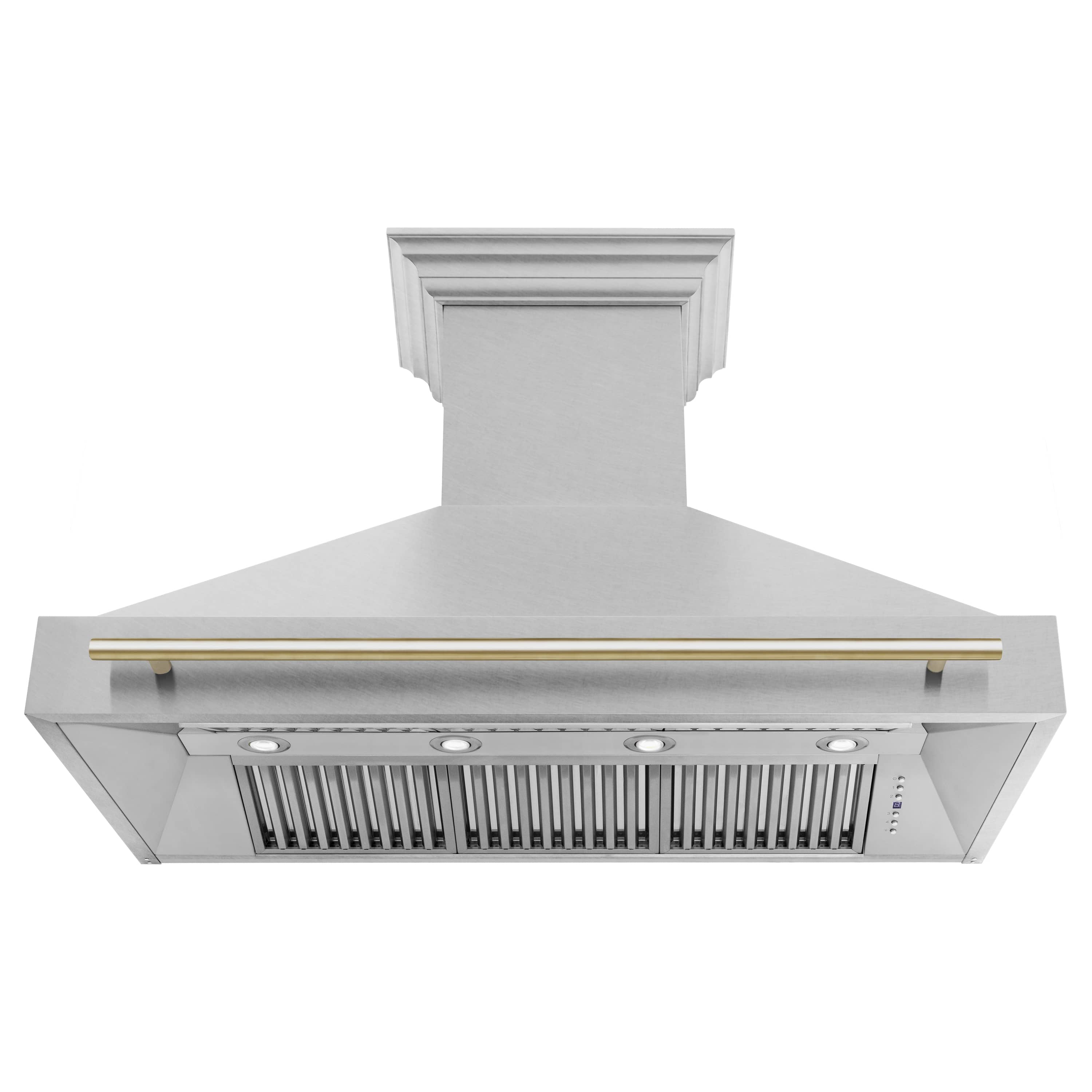 Stainless steel wall range hood underside with vent grilles and gold trim bar