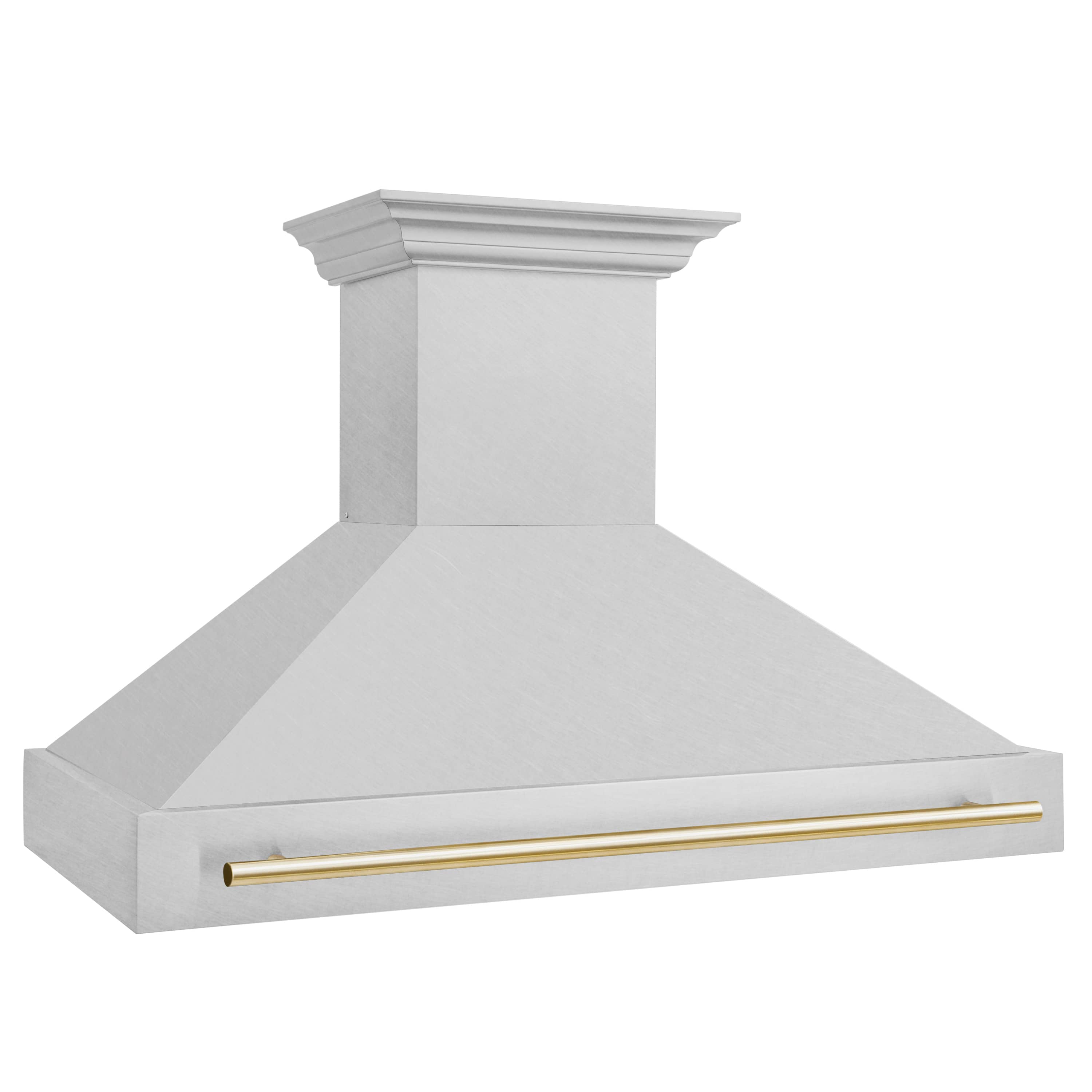 Stainless steel wall range hood with gold trim bar and tall fluted chimney cover