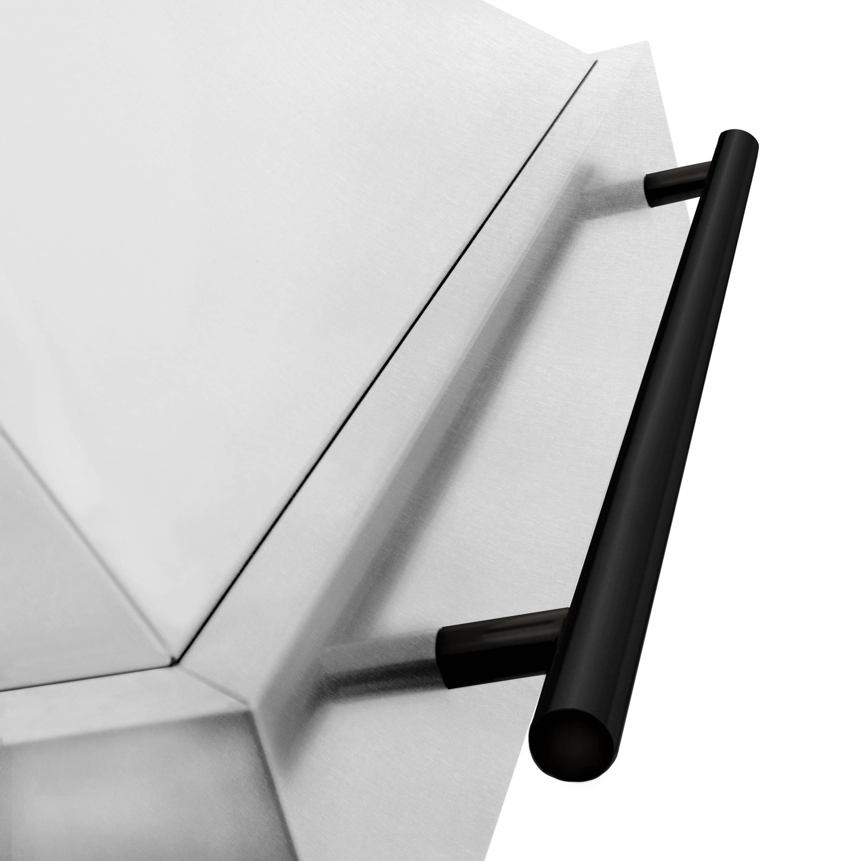 Range hood chimney and side panel with black curved handle bar