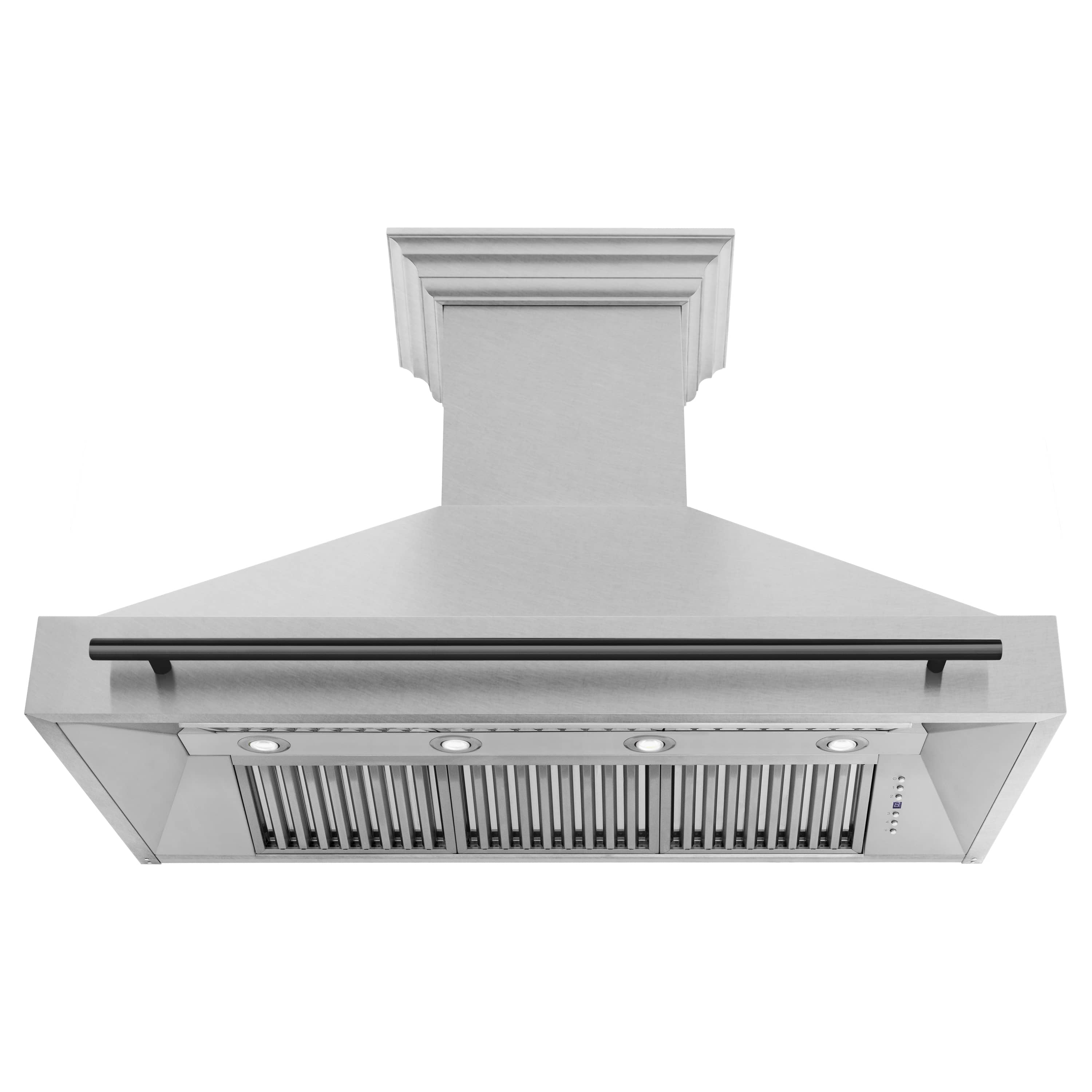 Wall-mounted range hood with vent grille and satin stainless front, black handle bar