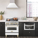 ZLINE 30-Inch Autograph Edition Wall Mount Range Hood in Satin Stainless Steel with White Matte Shell and Gold Handle (8654SNZ-WM30-G)