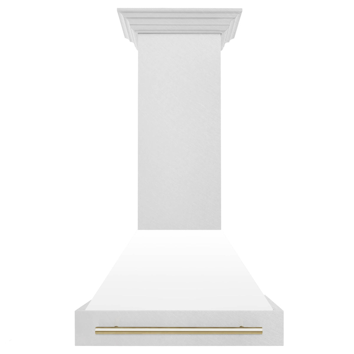 Wall mount range hood with white chimney and gold vent strip, satin stainless body