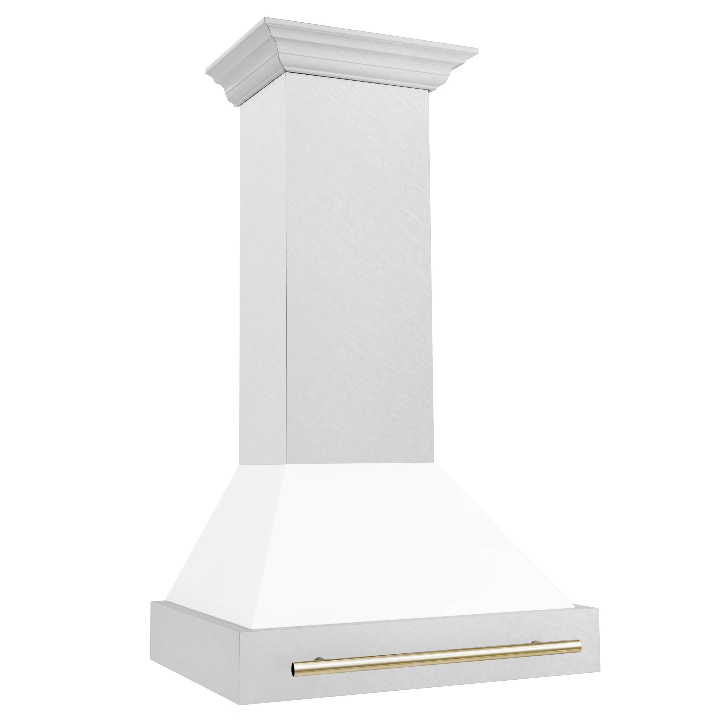 Wall mount range hood with white chimney and gold front handle bar