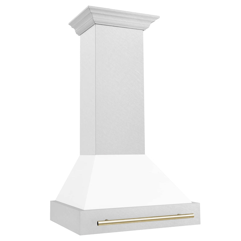 ZLINE 30-Inch Autograph Edition Wall Mount Range Hood in DuraSnow Stainless Steel with White Matte Shell and Gold Handle (8654SNZ-WM30-G)