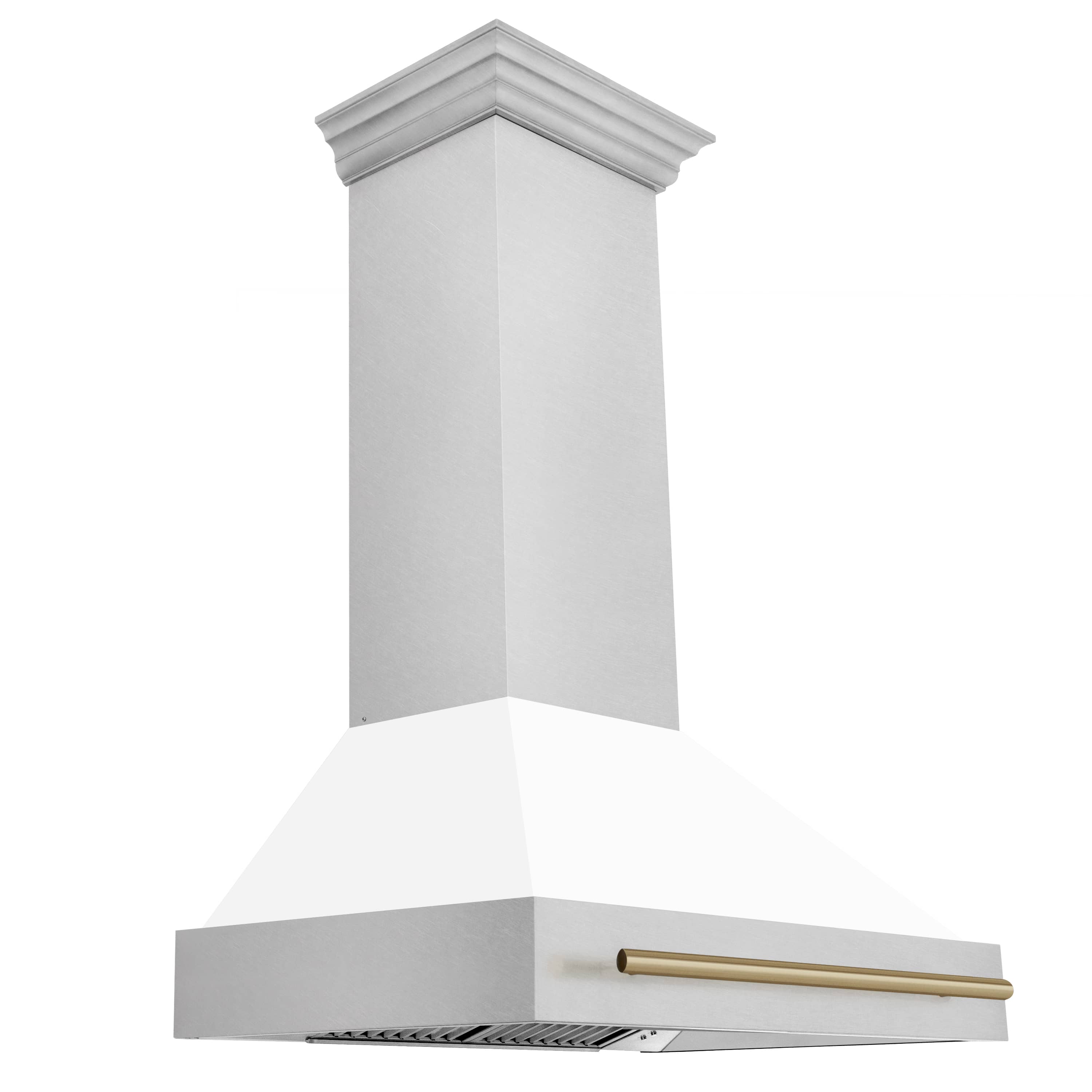 White matte wall-mount range hood with champagne bronze handle bar and underside vent panel.