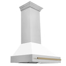 ZLINE 36-Inch Autograph Edition Wall Mount Range Hood in Satin Stainless Steel with White Matte Shell and Champagne Bronze Handle (8654SNZ-WM36-CB)
