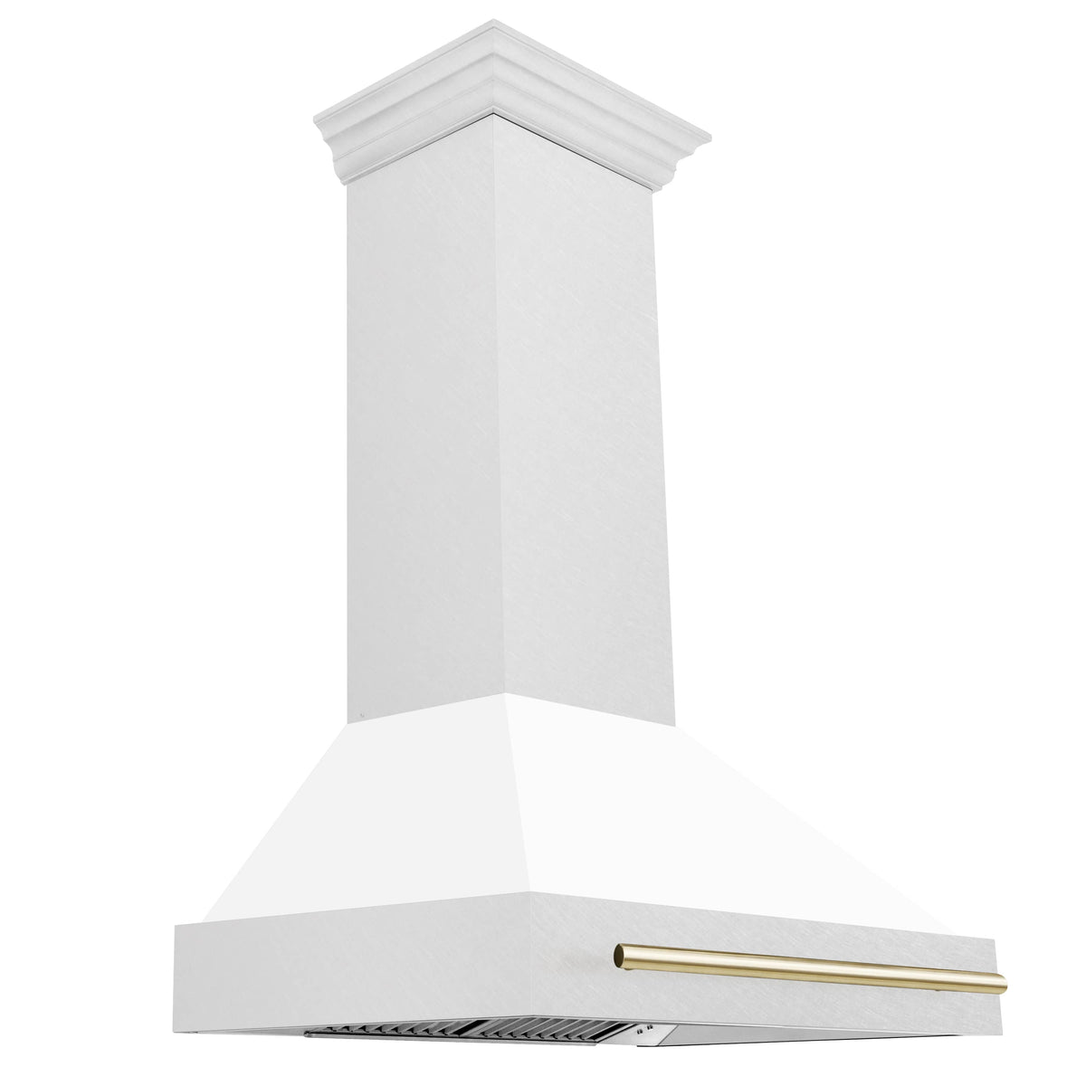 White matte wall-mount range hood with gold handle bar and low-profile vent opening