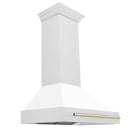 ZLINE 36-Inch Autograph Edition Wall Mount Range Hood in Satin Stainless Steel with White Matte Shell and Gold Handle (8654SNZ-WM36-G)