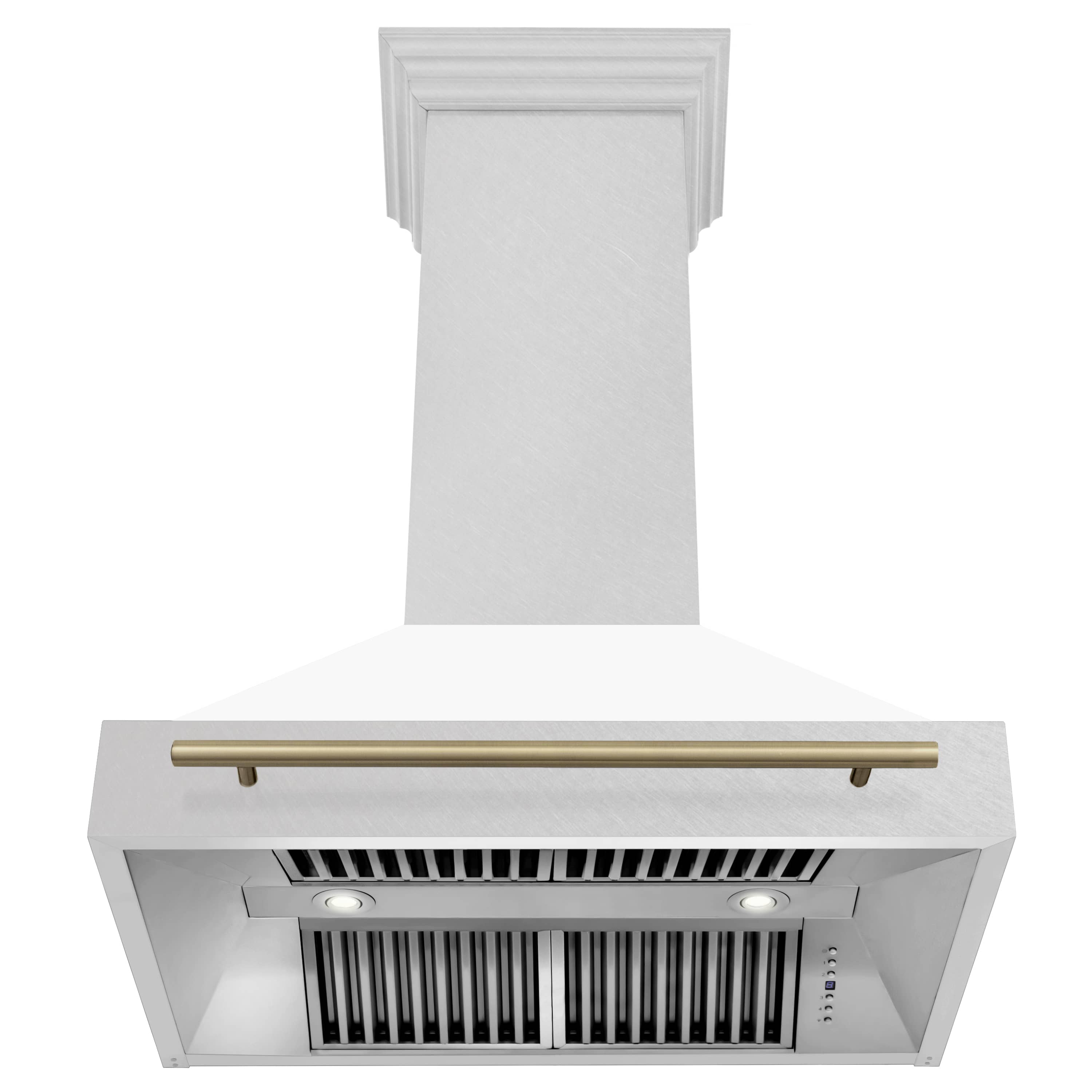 White matte wall-mount range hood with champagne bronze handle bar and visible grille vents.