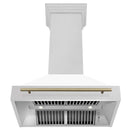 ZLINE 36-Inch Autograph Edition Wall Mount Range Hood in Satin Stainless Steel with White Matte Shell and Champagne Bronze Handle (8654SNZ-WM36-CB)