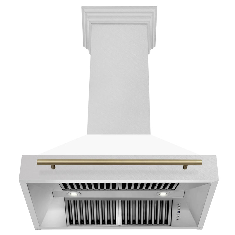 ZLINE 36-Inch Autograph Edition Wall Mount Range Hood in DuraSnow Stainless Steel with White Matte Shell and Champagne Bronze Handle (8654SNZ-WM36-CB)
