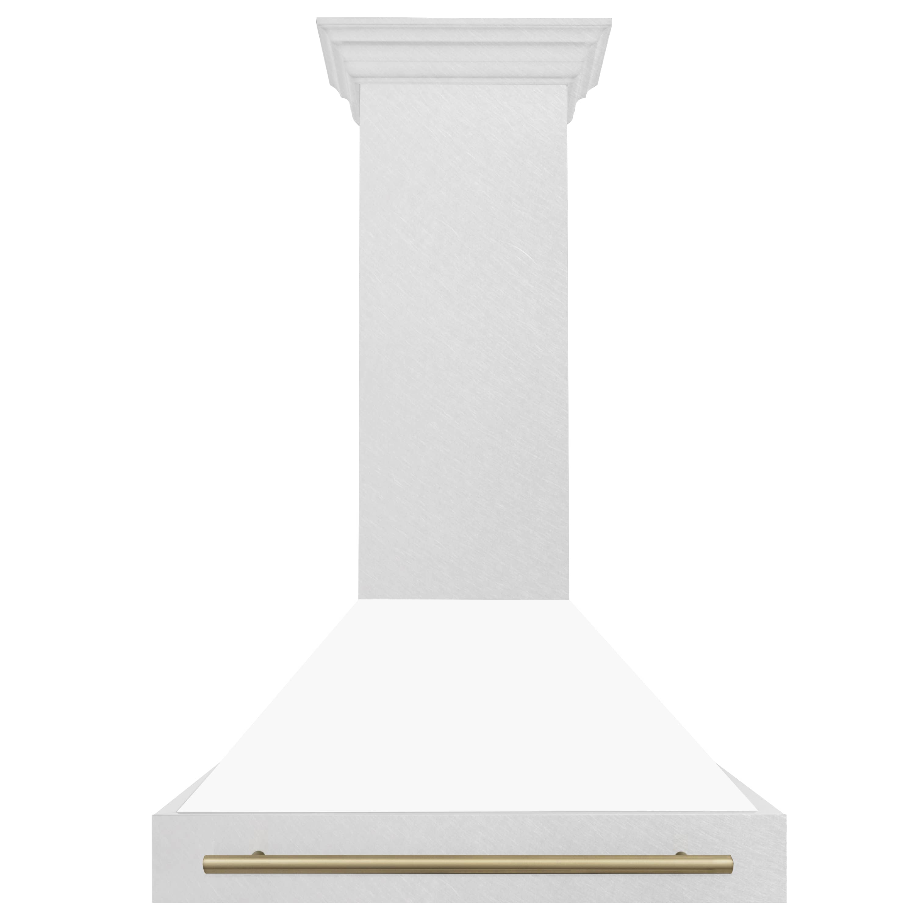 White matte chimney wall-mount range hood with champagne bronze front handle bar.