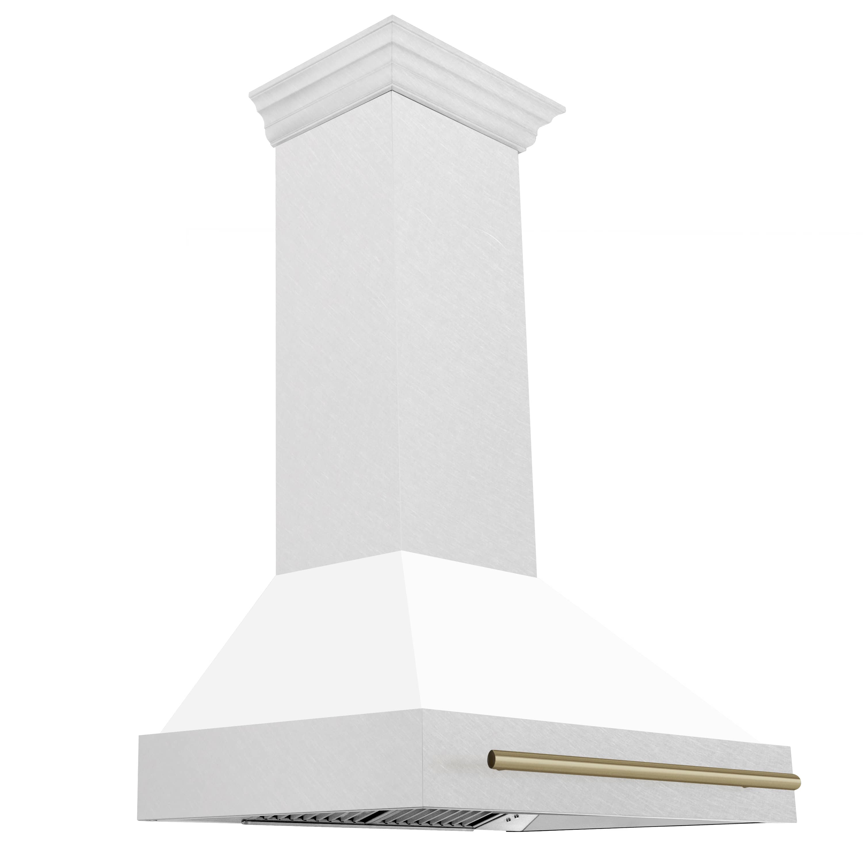 Wall-mount range hood in white matte with champagne bronze handle bar and vented hood panel.
