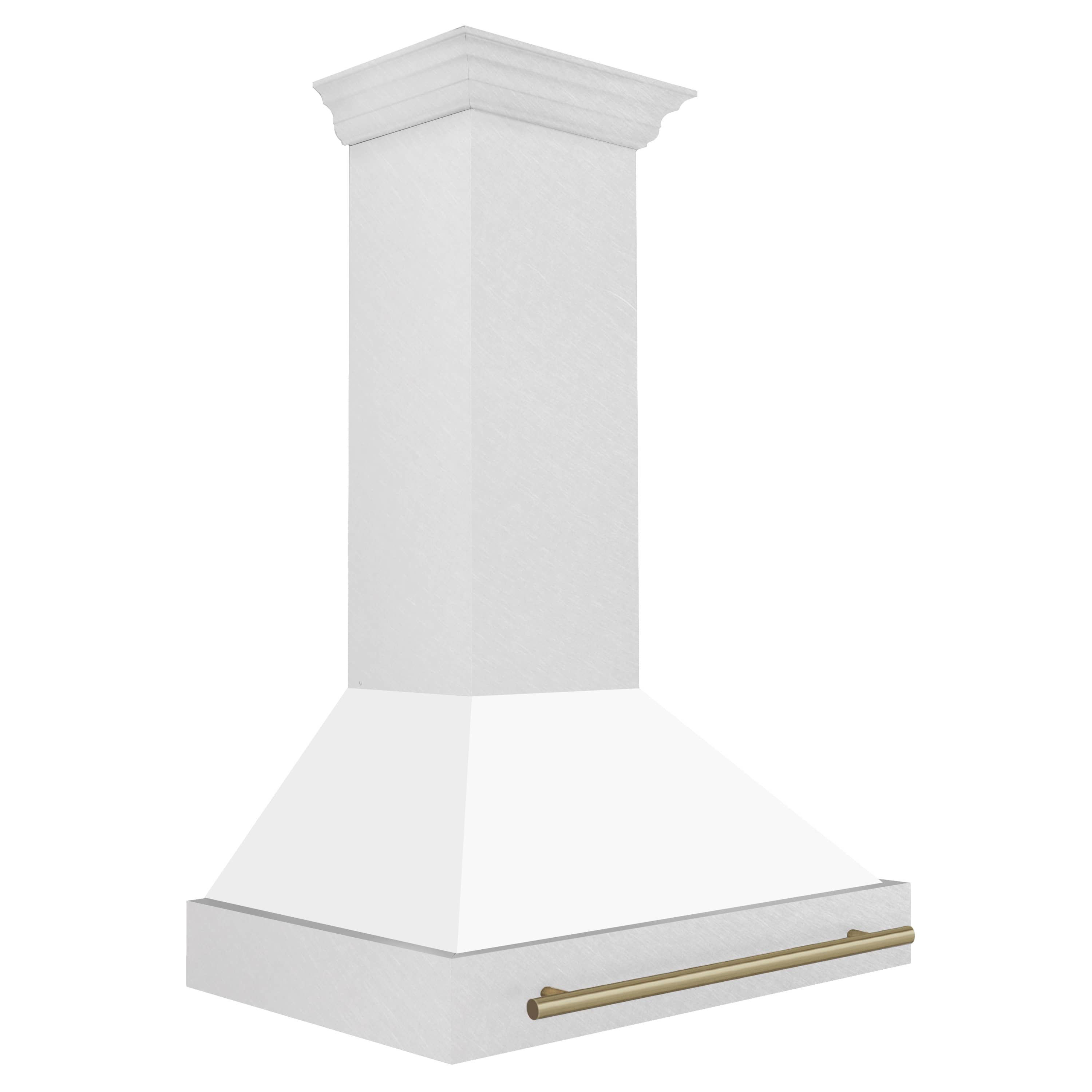 White matte wall mount range hood with champagne bronze handle bar along the front edge.
