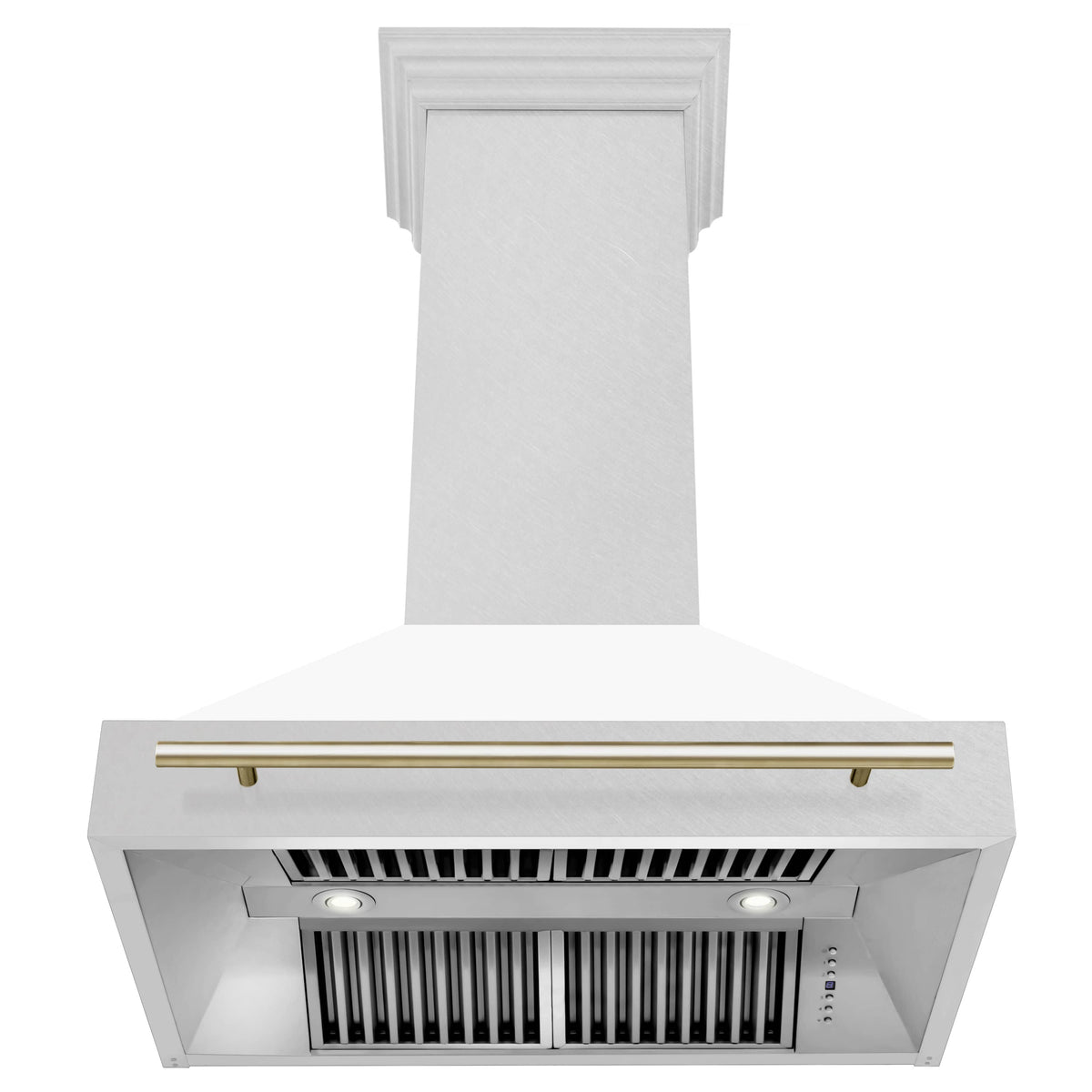 White matte wall-mount range hood front with gold handle bar, lights, and vent grille