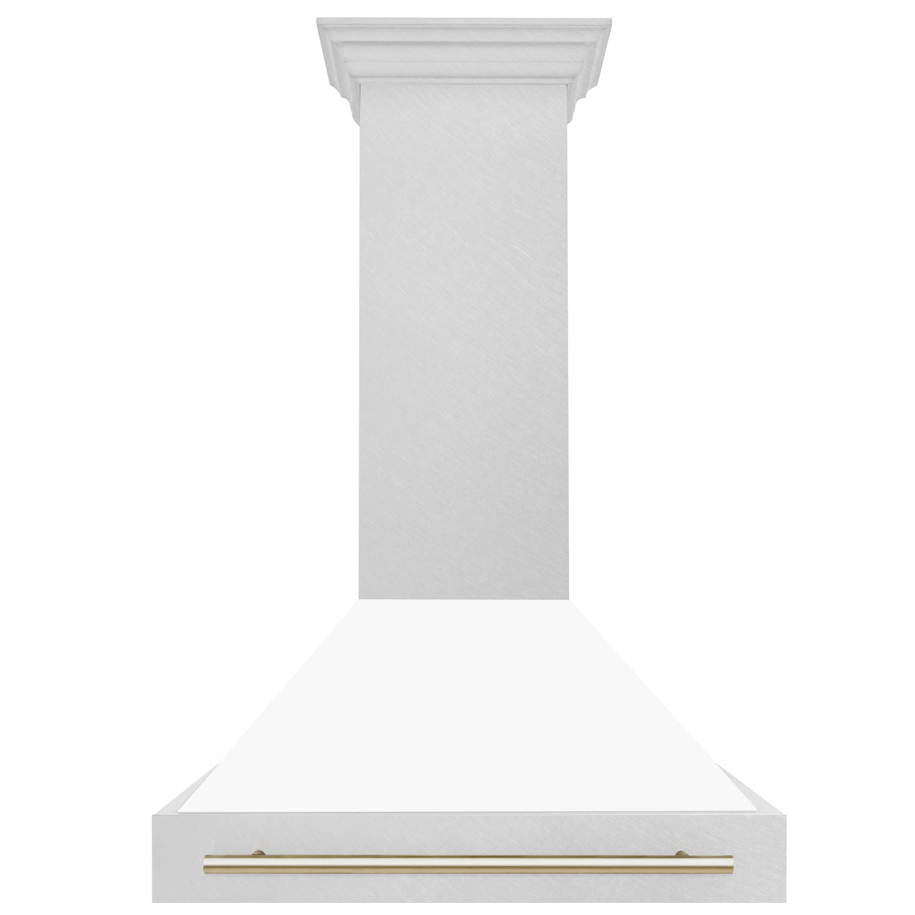 White matte wall-mount range hood with gold handle bar along the front edge