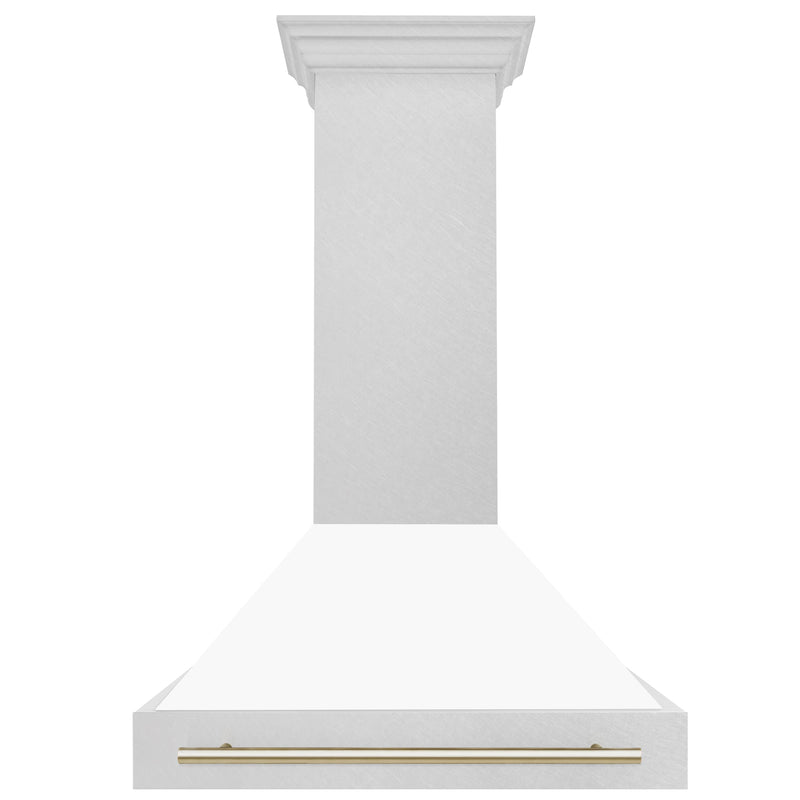 ZLINE 36-Inch Autograph Edition Wall Mount Range Hood in DuraSnow Stainless Steel with White Matte Shell and Gold Handle (8654SNZ-WM36-G)