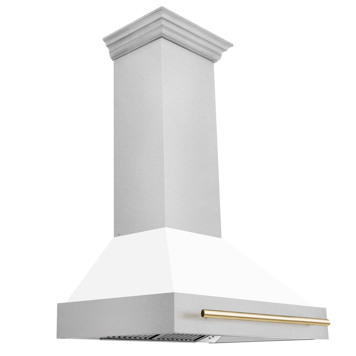 White matte wall-mount range hood with gold handle bar and visible recessed vent area
