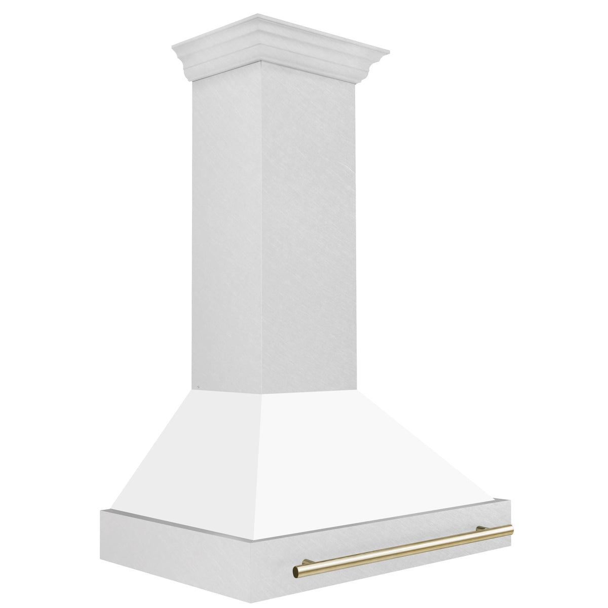 White matte wall-mount range hood with gold handle bar and tall chimney stack