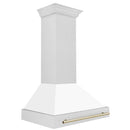 ZLINE 36-Inch Autograph Edition Wall Mount Range Hood in Satin Stainless Steel with White Matte Shell and Gold Handle (8654SNZ-WM36-G)