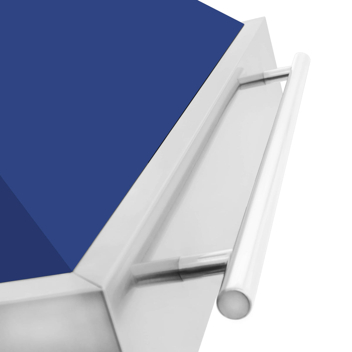 Close-up of blue matte range hood canopy corner with stainless handle bar