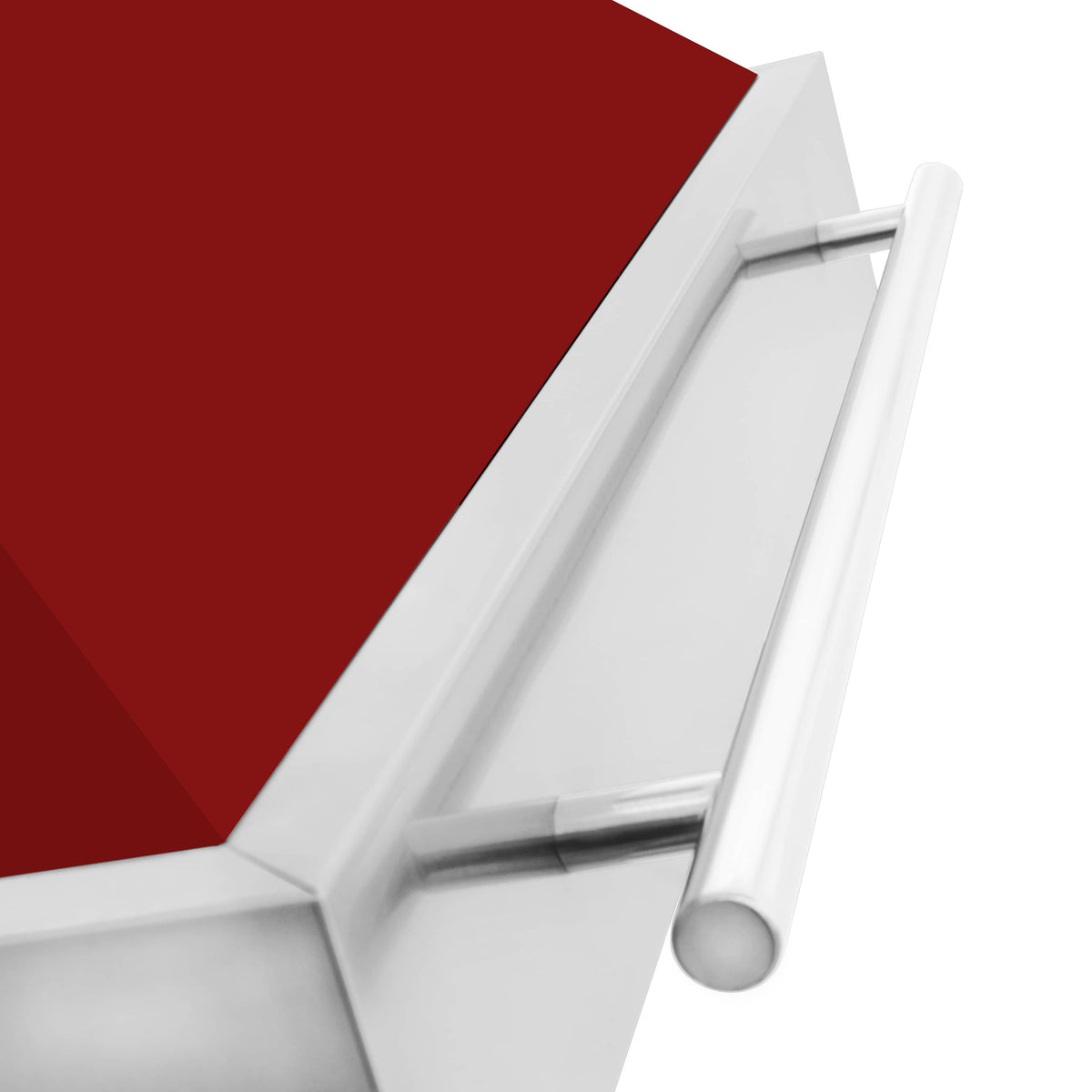 Wall-mount range hood close-up of stainless handle on red glossy canopy