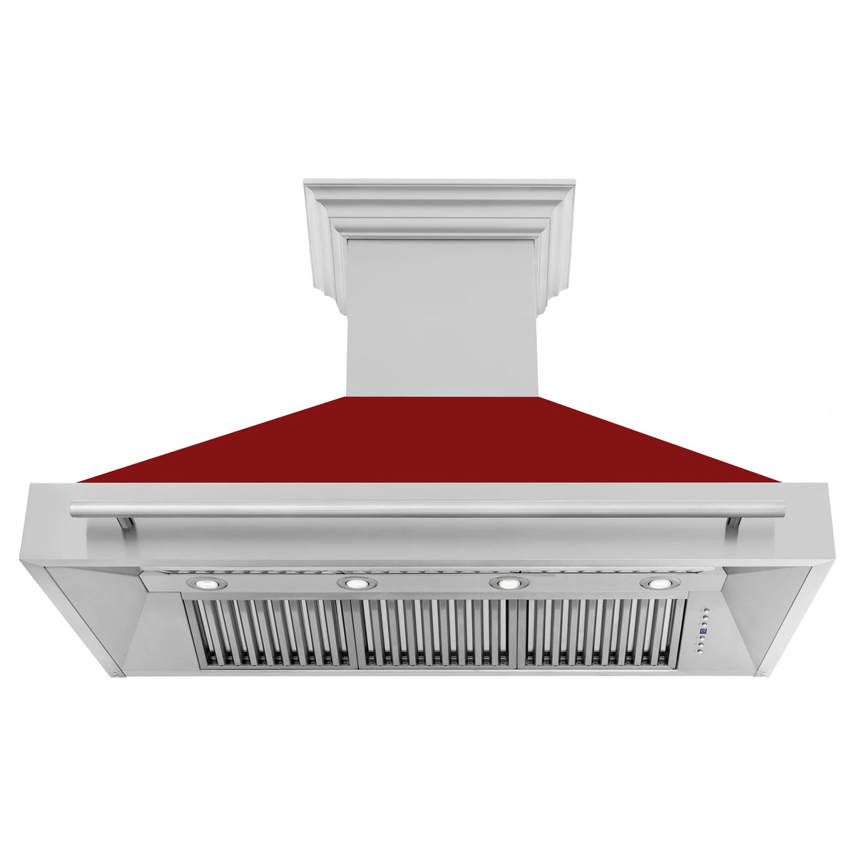 Wall-mount range hood front view with red glossy canopy and underside filters