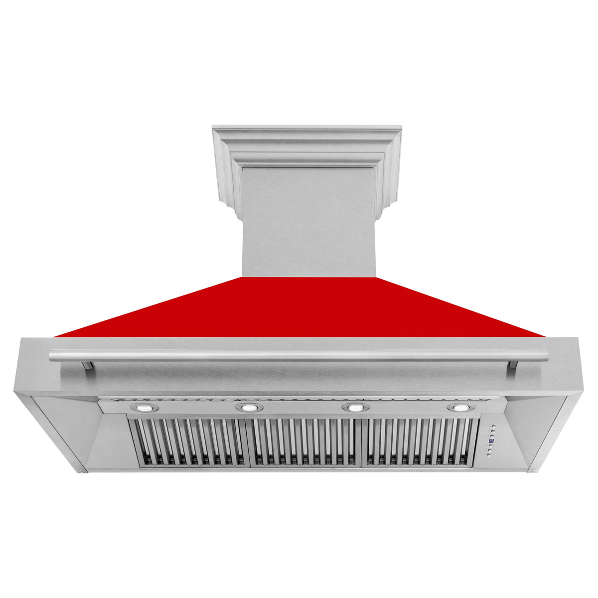 Under-view of range hood with red canopy, stainless filter grille and controls