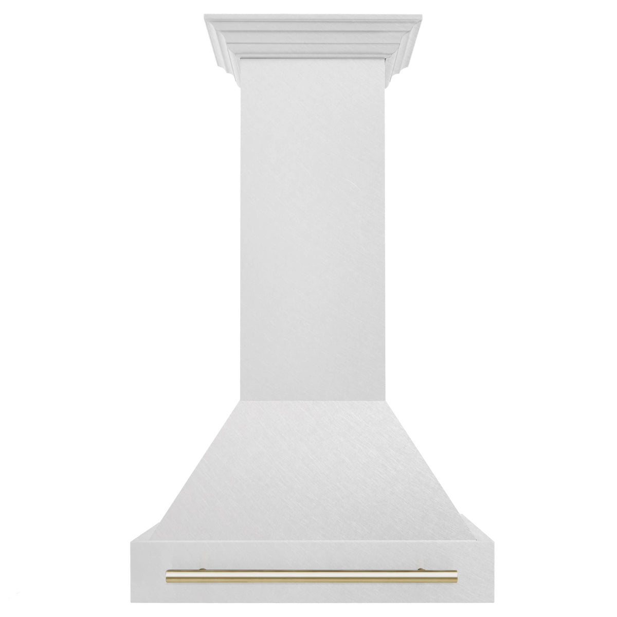 Wall-mounted stainless range hood with gold handle bar, front view
