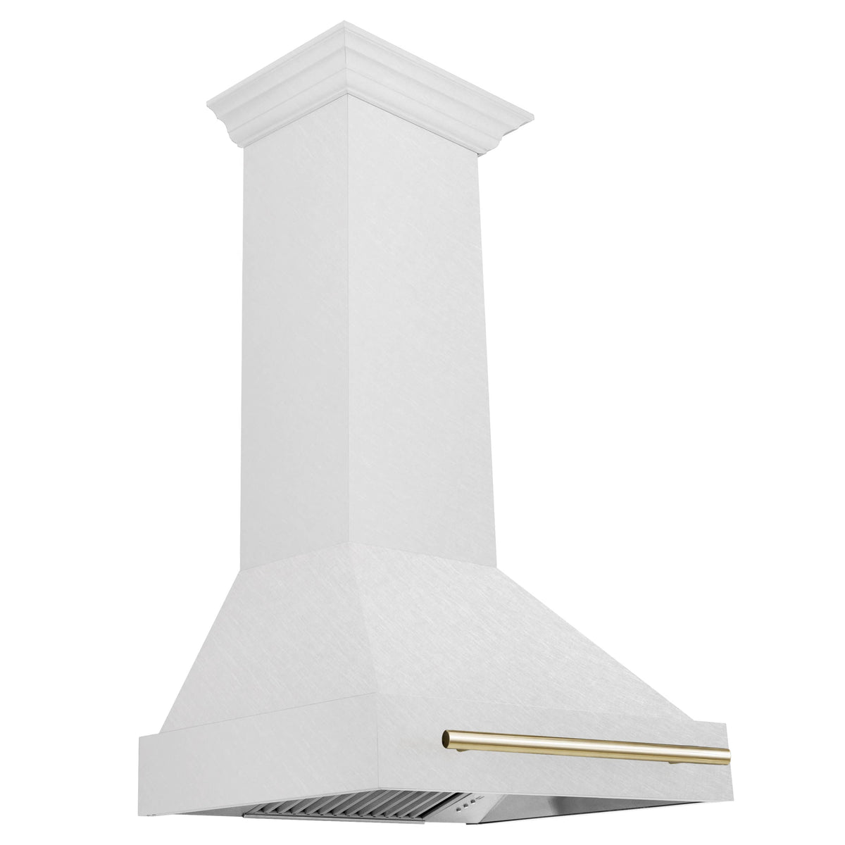Wall-mounted stainless range hood with gold handle bar, angled side view