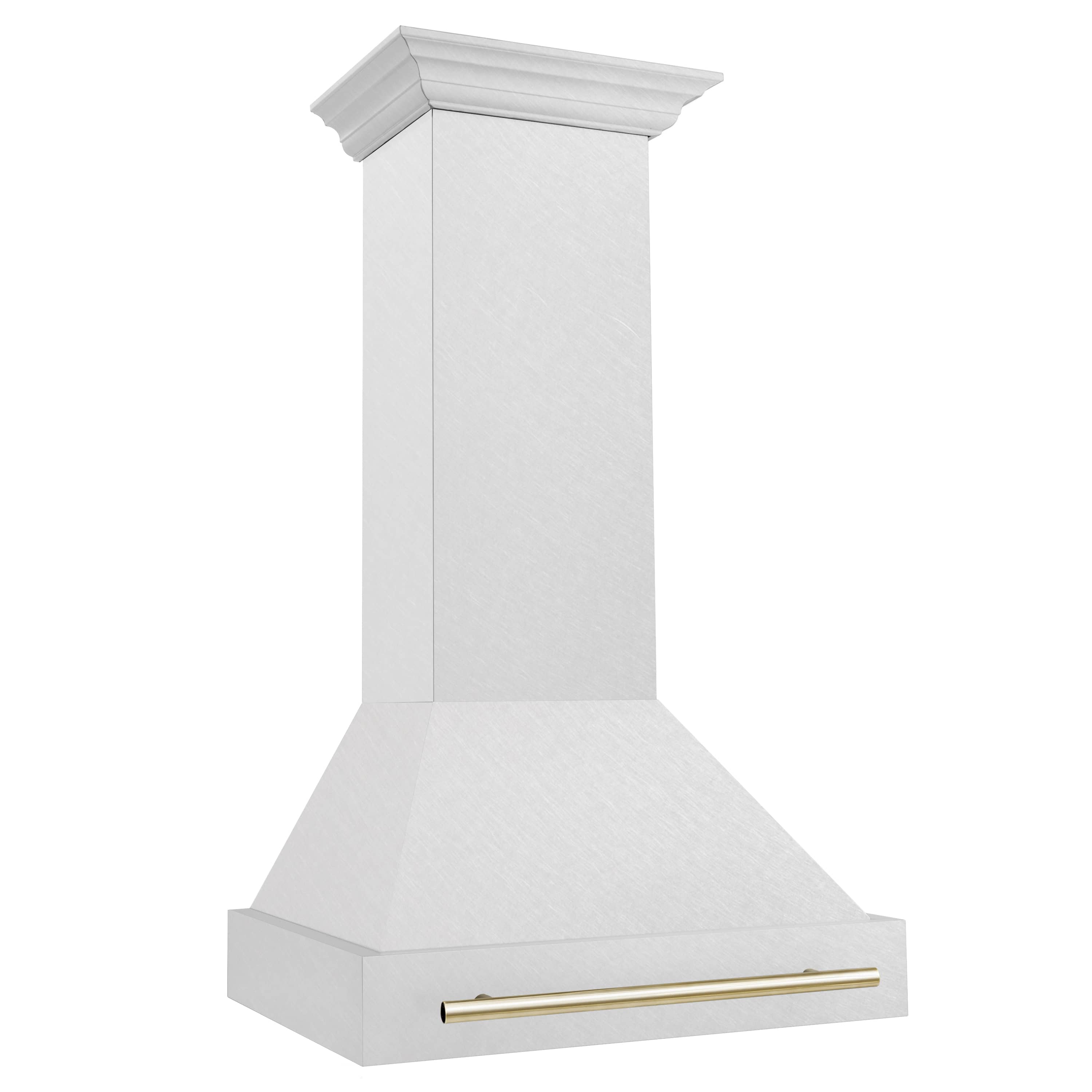 Wall-mounted stainless range hood with gold handle bar, front angled view