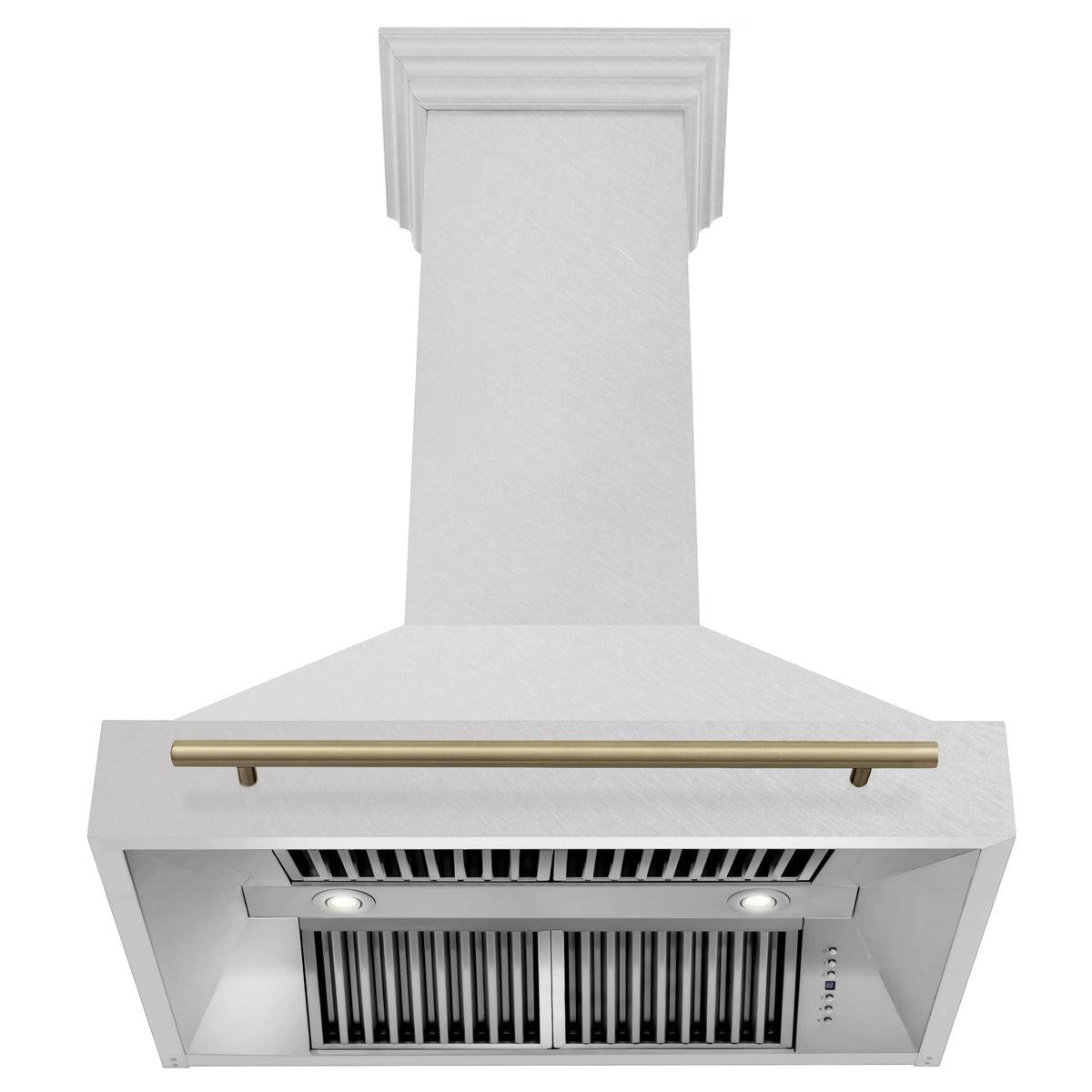 Wall mount range hood front view with bronze bar and visible vent filters