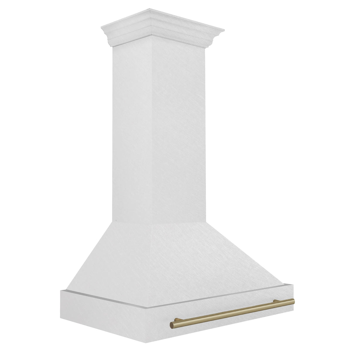 Satin stainless wall mount range hood with bronze handle on sloped canopy