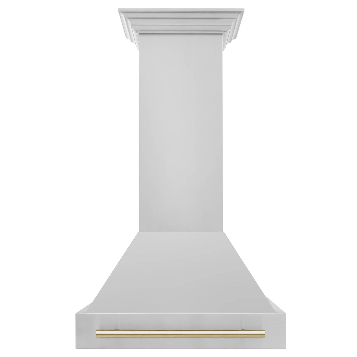 Wall mounted range hood chimney with gold trim bar, white finish