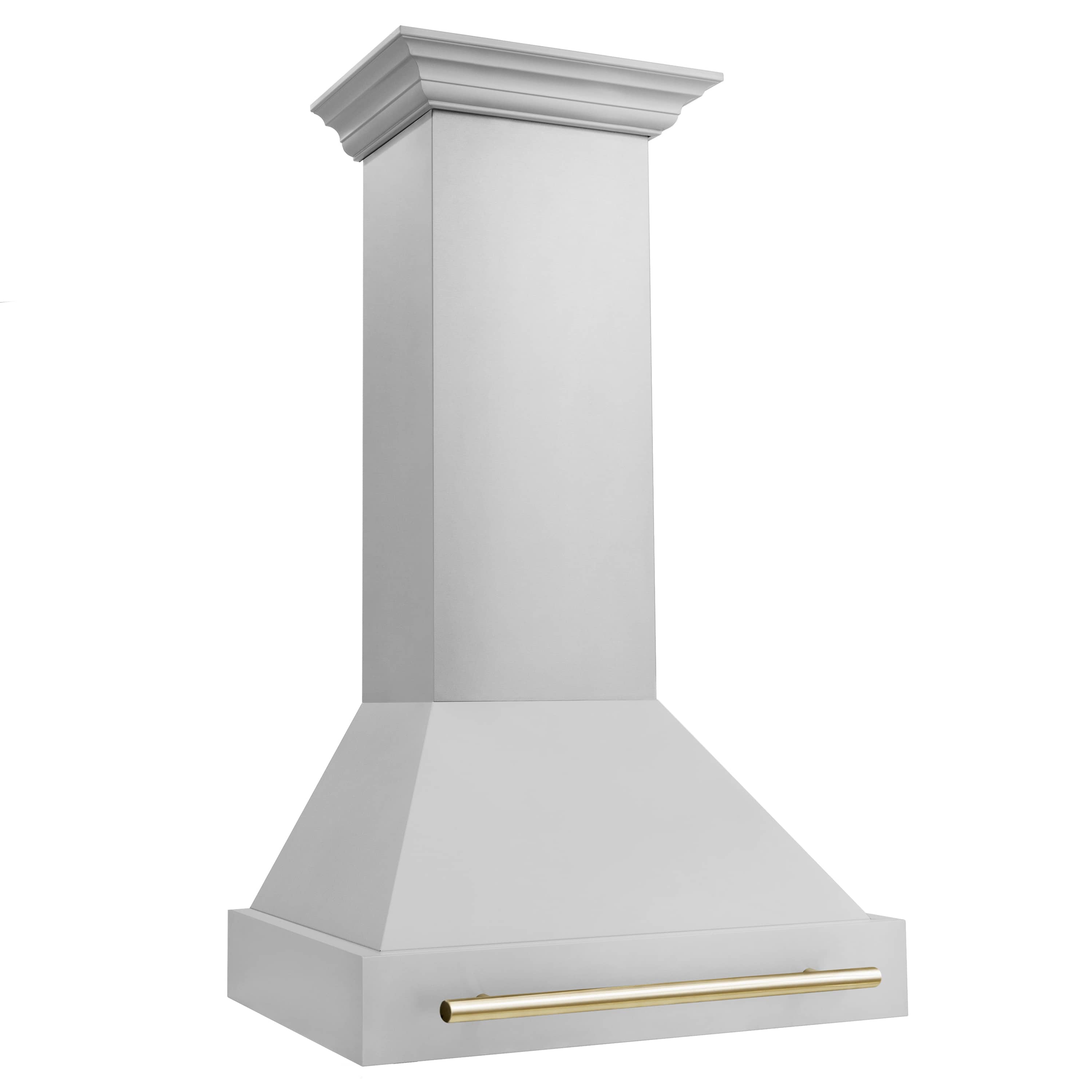 Wall-mounted white range hood chimney with gold vent drawer front