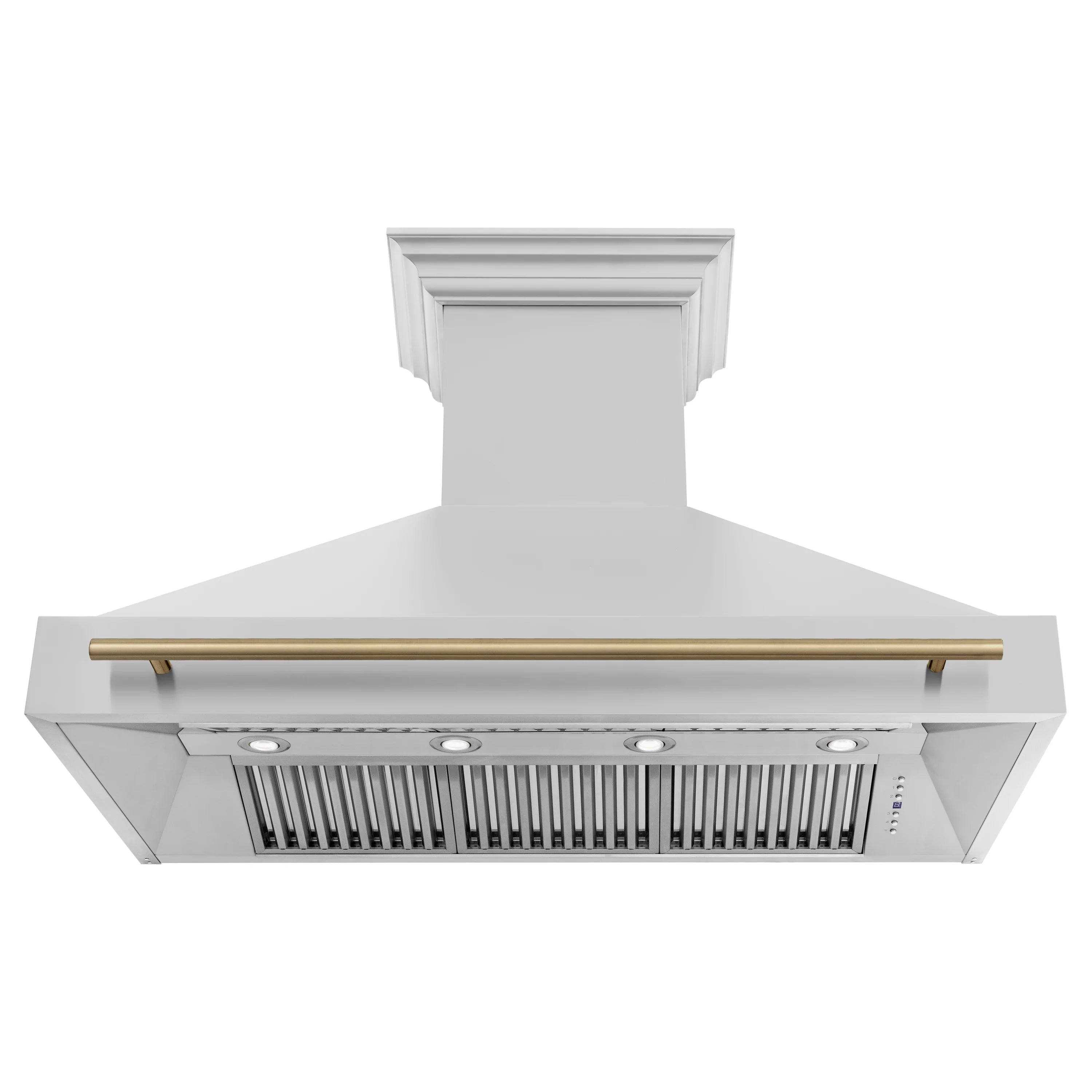 Wall mounted stainless range hood with champagne bronze trim bar and vent grille