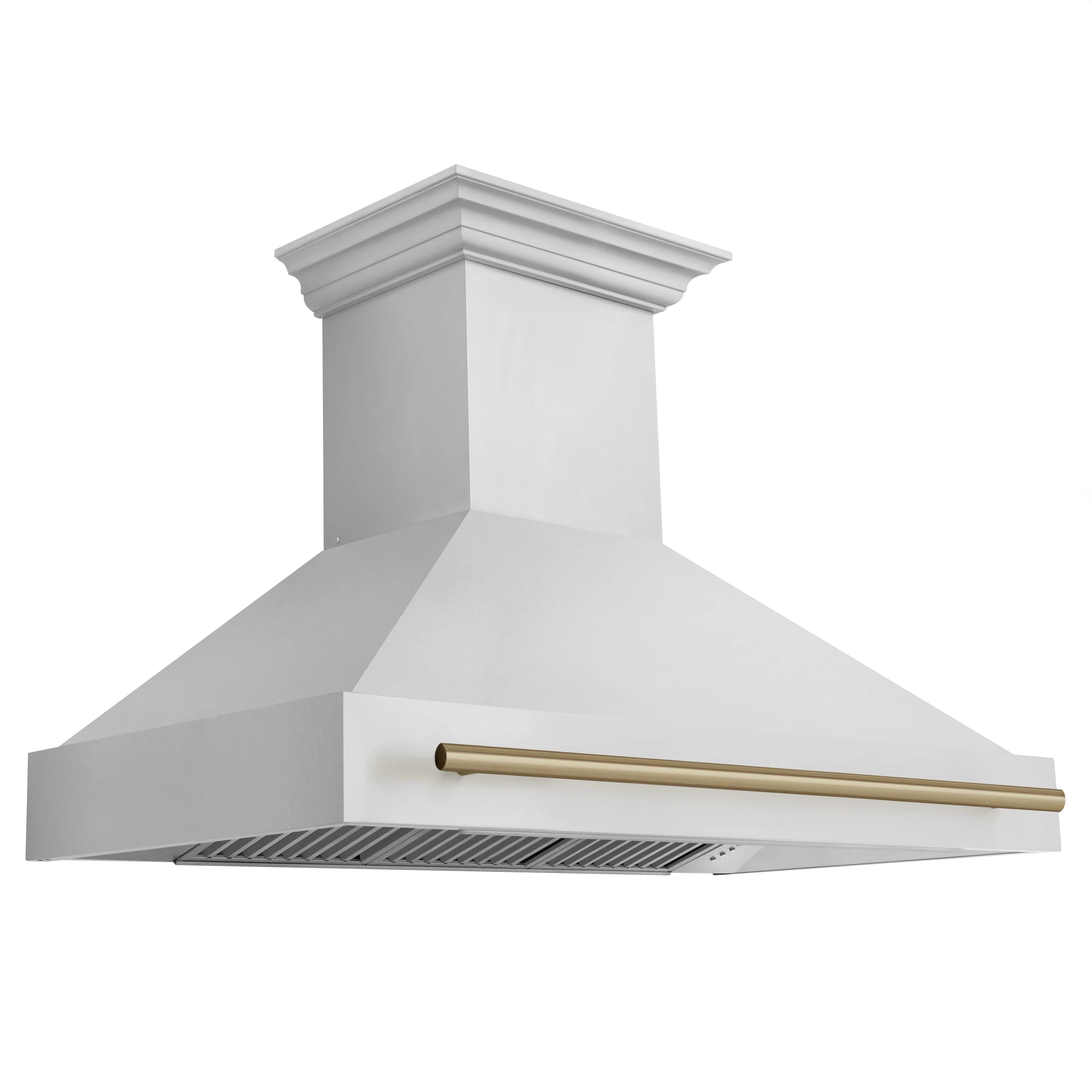 Wall mounted stainless range hood with champagne bronze horizontal trim bar