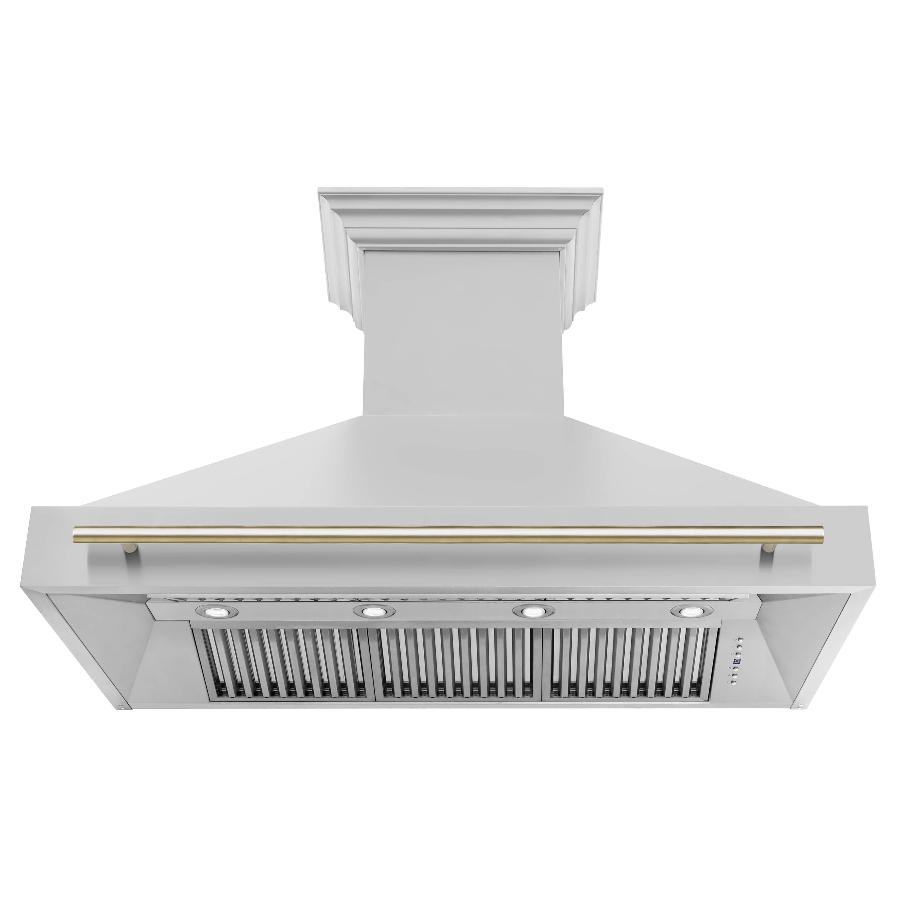 White wall-mount range hood front with gold handle bar and vent grille