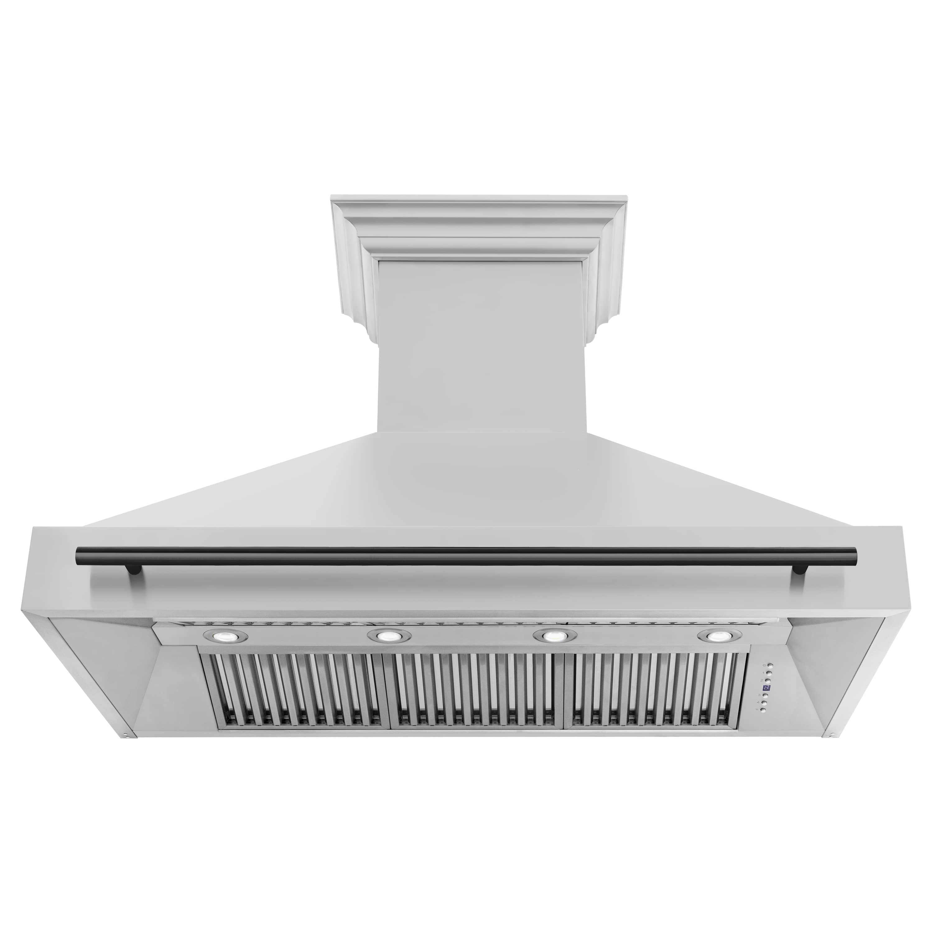 Wall-mounted range hood underside with matte black trim bar and vent filters